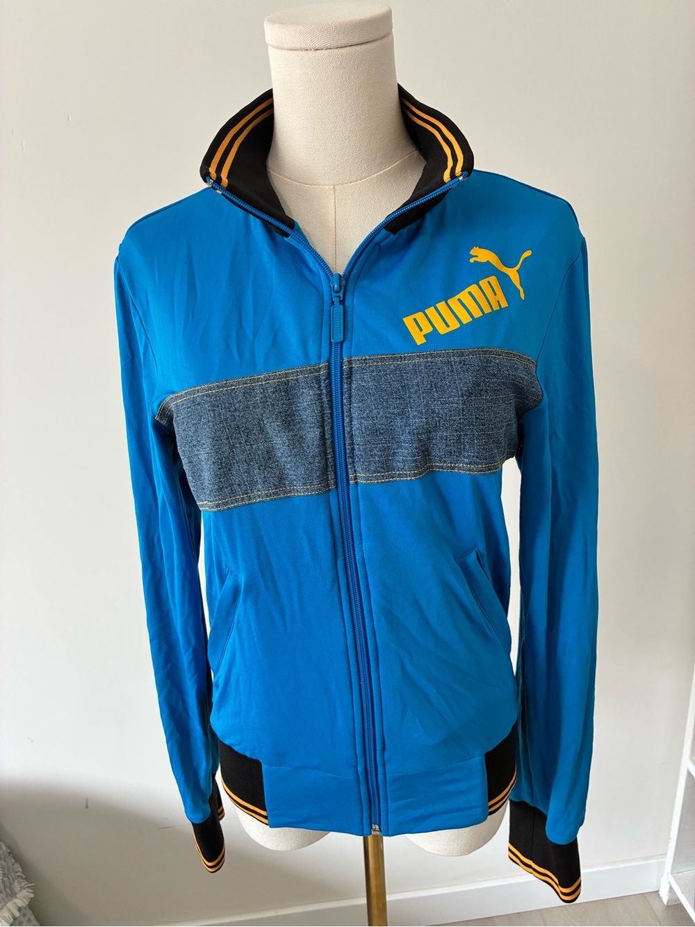 Vintage 90’s Puma Blue Track Jacket with Yellow Logo Black Trim and Denim Detail